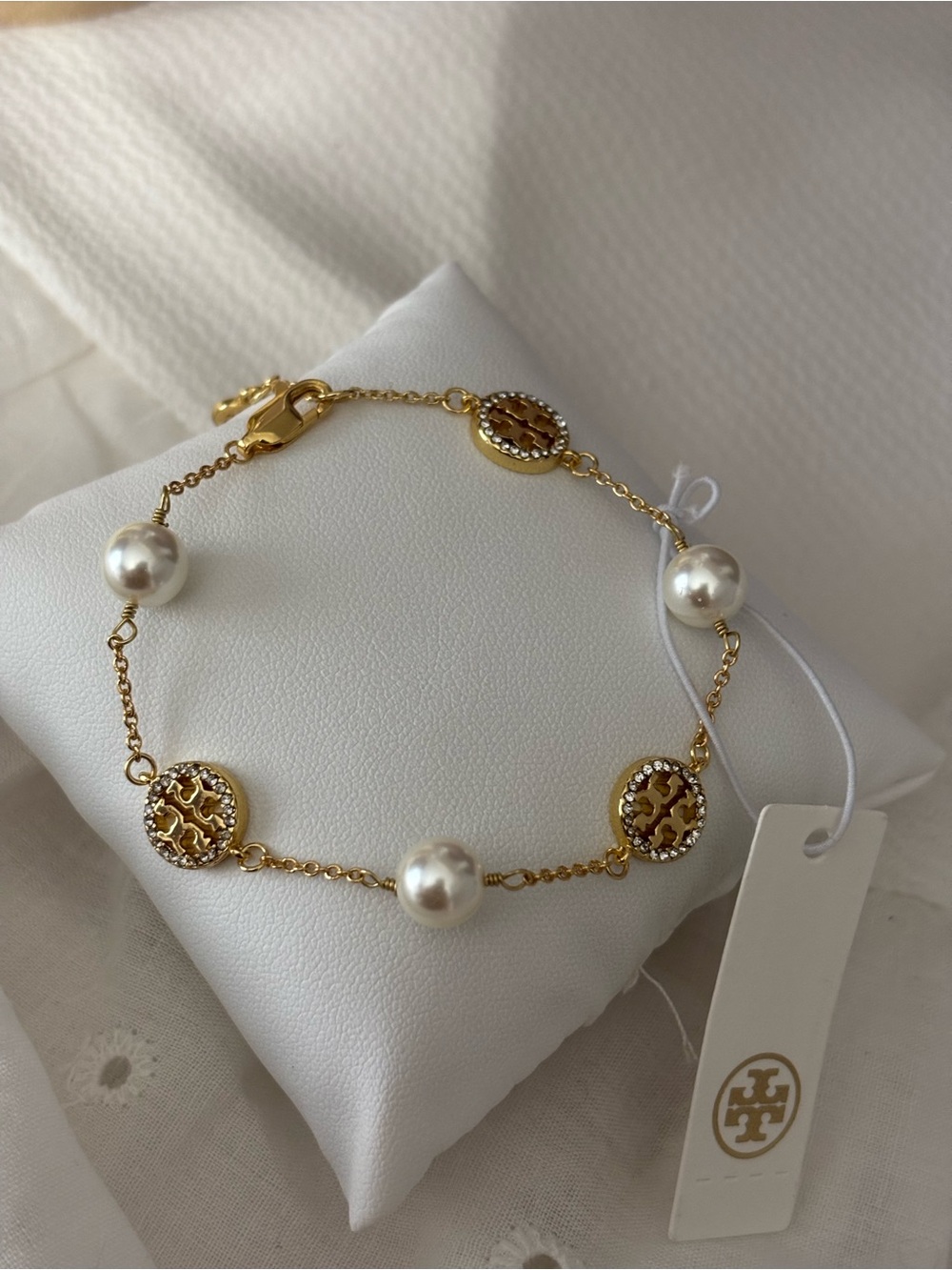 Tory Burch Gold Pearl Medallion Chain Bracelet